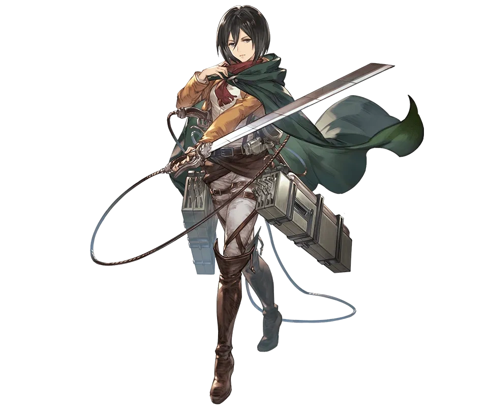 초록색 망토와 입체 기동 장비를 착용하고 양손에 검을 든 채 역동적인 자세를 취한 미카사 아커만