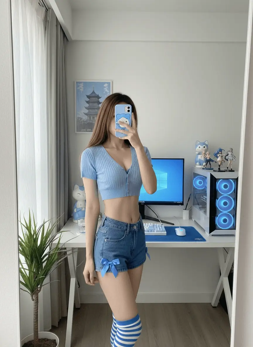 아늑한 PC 공간 옆에서 파란색 의상을 입은 젊은 동아시아 여성의 나노바나나 AI 거울 셀카.
